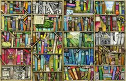 Whimsical-bookshelf-fantasy-drawing-with-small-creatures-and-buildings-hidden-in-the-shelves