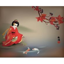 Geisha Feeding Sacred Koi Wall Mural