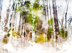 A-strand-of-trees-overlayed-with-green-gold-and-cream-watercolor-paint-splotches