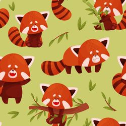 Cute-animal-print-pattern-of-red-pandas-in-different-poses-and-with-different-expressions-mixed-with-branches-and-leaves