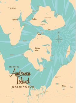A map of Anderson Island that details the bays, cities and lakes that make up Anderson Island as well as two nearby islands