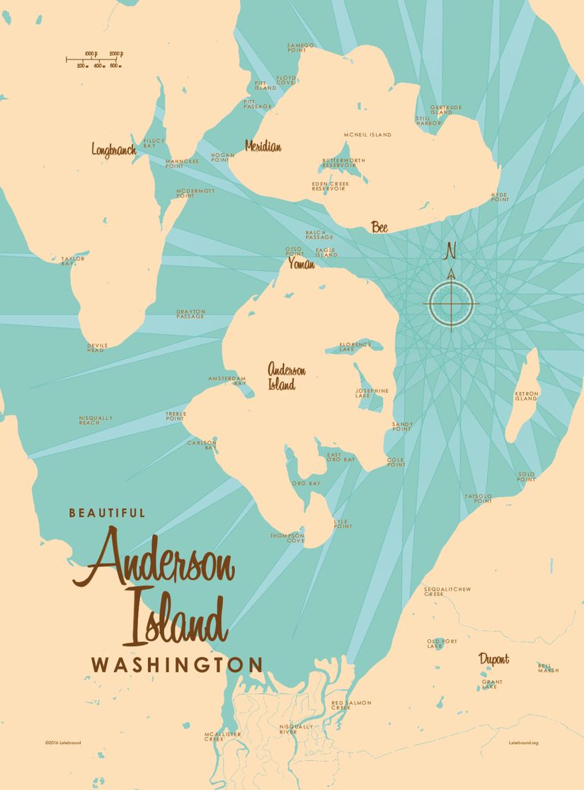 A map of Anderson Island that details the bays, cities and lakes that make up Anderson Island as well as two nearby islands