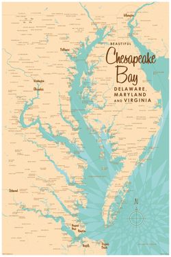 Map mural of Chesapeake Bay and parks of Delaware, Maryland and Virginia with cities and waterways all labeled