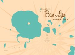 A map of Bass Lake in Minnesota showing the circular shape of the lake and its little center island plus other nearby lakes