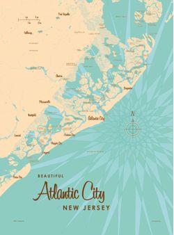 A detailed map of the New Jersey shoreline with Atlantic City and other towns, waterways and bays that make up the famous shoreline