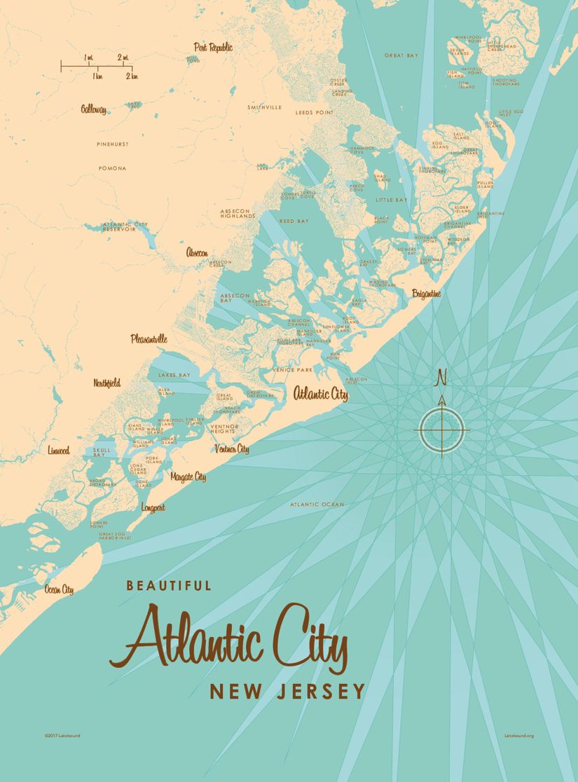 A detailed map of the New Jersey shoreline with Atlantic City and other towns, waterways and bays that make up the famous shoreline