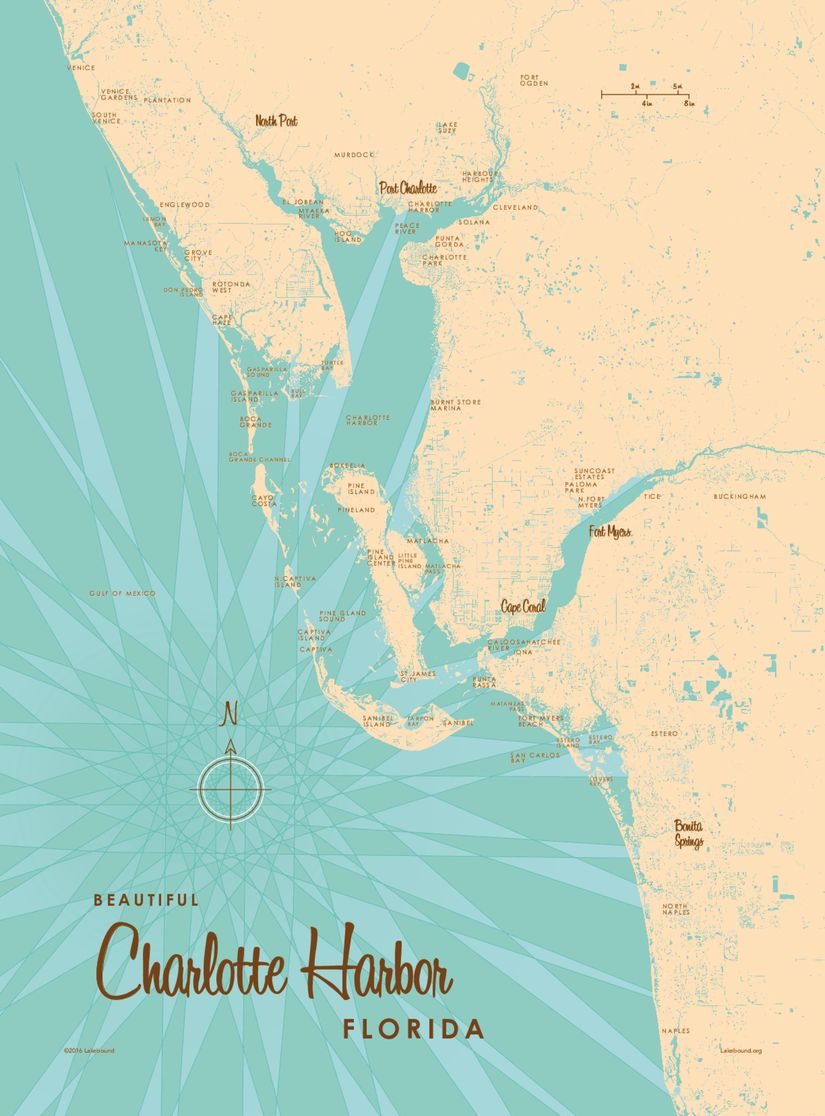 A map of the Charlotte Harbor in Florida that details the various cities and islands in the Harbor