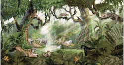 A-jungle-themed-illustration-full-of-rich-tropical-rain-forest-vegetation-and-an-array-of-jungle-animals