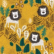 Lions and Plants Tropical Pattern Wallpaper