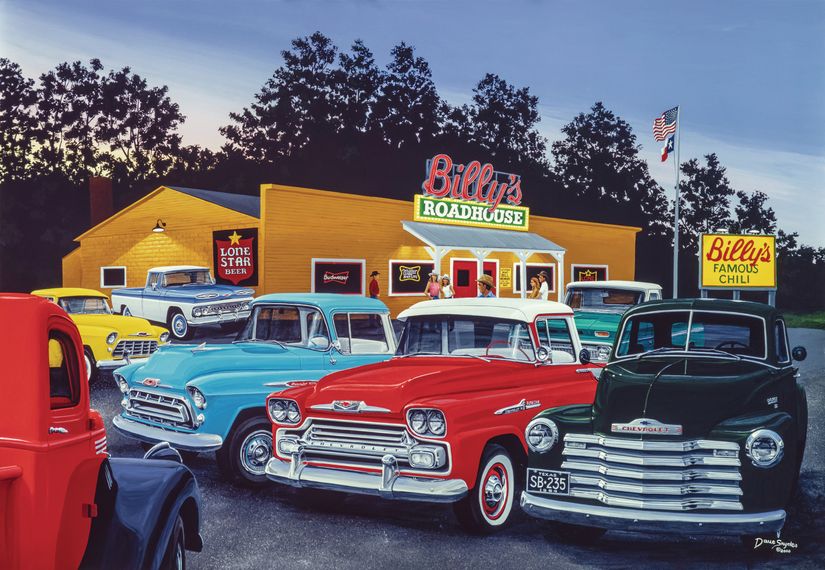 Illustration-of-classic-Chevy-Pickups-parked-outside-a-Billy-s-Roadhouse-restaurant