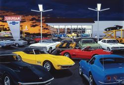 Illustration-of-classic-corvettes-and-other-chevy-cars-outside-a-dealership