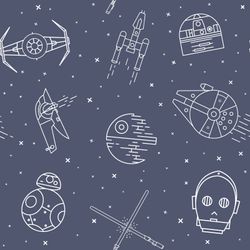 A-pattern-of-space-ships-death-stars-lightsabers-and-space-robots-including-C3PO-R2D2-and-BB8-on-a-blue-background