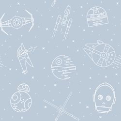 A-pattern-of-space-ships-death-stars-lightsabers-and-space-robots-including-C3PO-R2D2-and-BB8-on-a-light-blue-background
