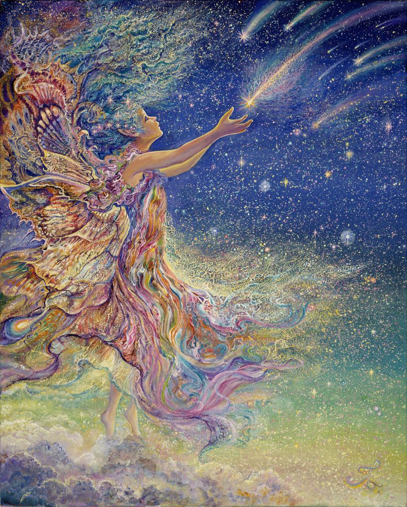 Intriguing-painting-of-a-fairy-like-creature-surrounded-by-colorful-stars