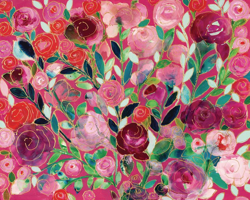 Hand-painted-red-pink-and-violet-roses-with-a-pink-background