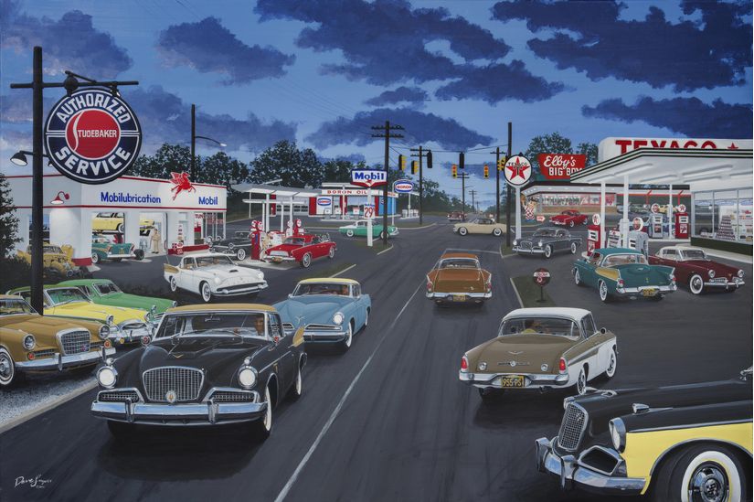 Illustration-of-classic-Studebaker-s-driving-by-a-Texaco-gas-station