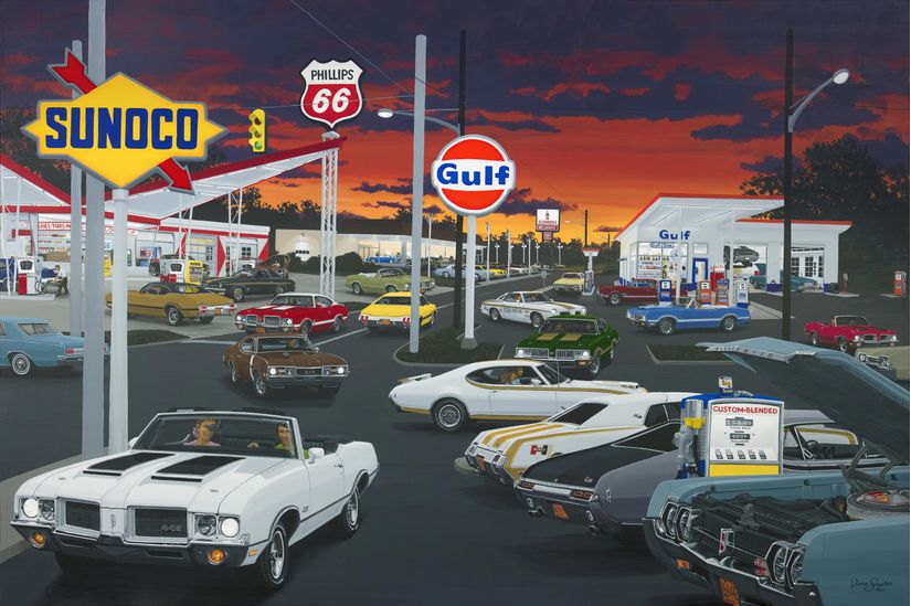 David-Snyder’s-famous-gas-station-mural-featuring-modern-hot-rods-and-classic-American-muscle-cars