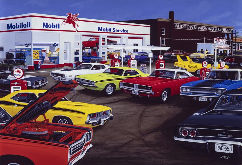 Mobil-Service-Station-with-classic-muscle-cars-gathered-and-walt-s-used-car-lot-in-background