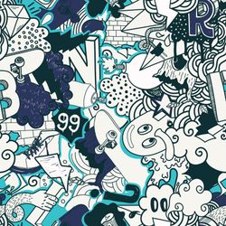 A-doodle-pattern-of-thunderbolts-skateboards-spray-paint-diamonds-shoes-and-abstract-cartoon-characters-mixed-together