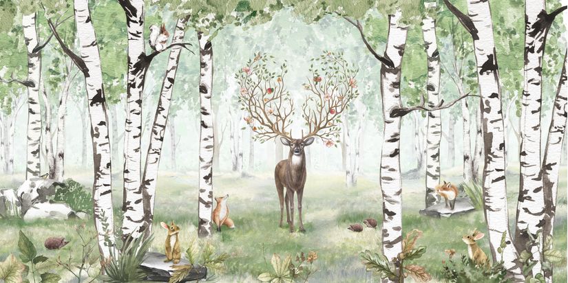 Deer-standing-in-forest-of-birch-trees-surrounded-by-rabbits-foxes-and-hedgehogs