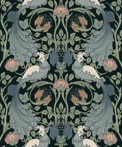 Pattern-features-a-symmetrical-pattern-of-peacocks-perched-amongst-delicate-leaves-and-curving-flower-stems