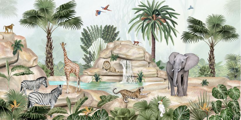 Jungle-image-with-Zebras-a-giraffe-lion-tiger-and-elephant-among-tall-palm-trees