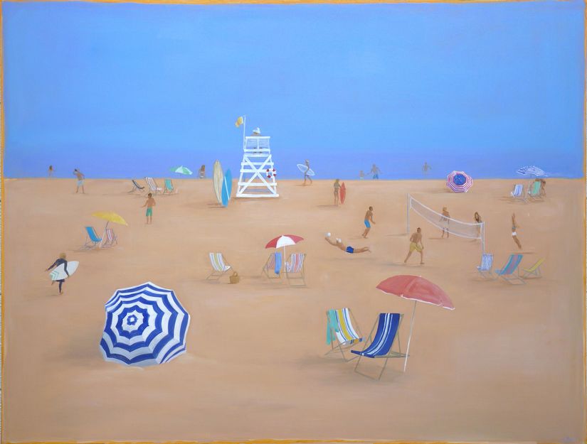 Wall mural of people on sandy beach playing volleyball, surfing and swimming with brightly colored umbrellas and chairs