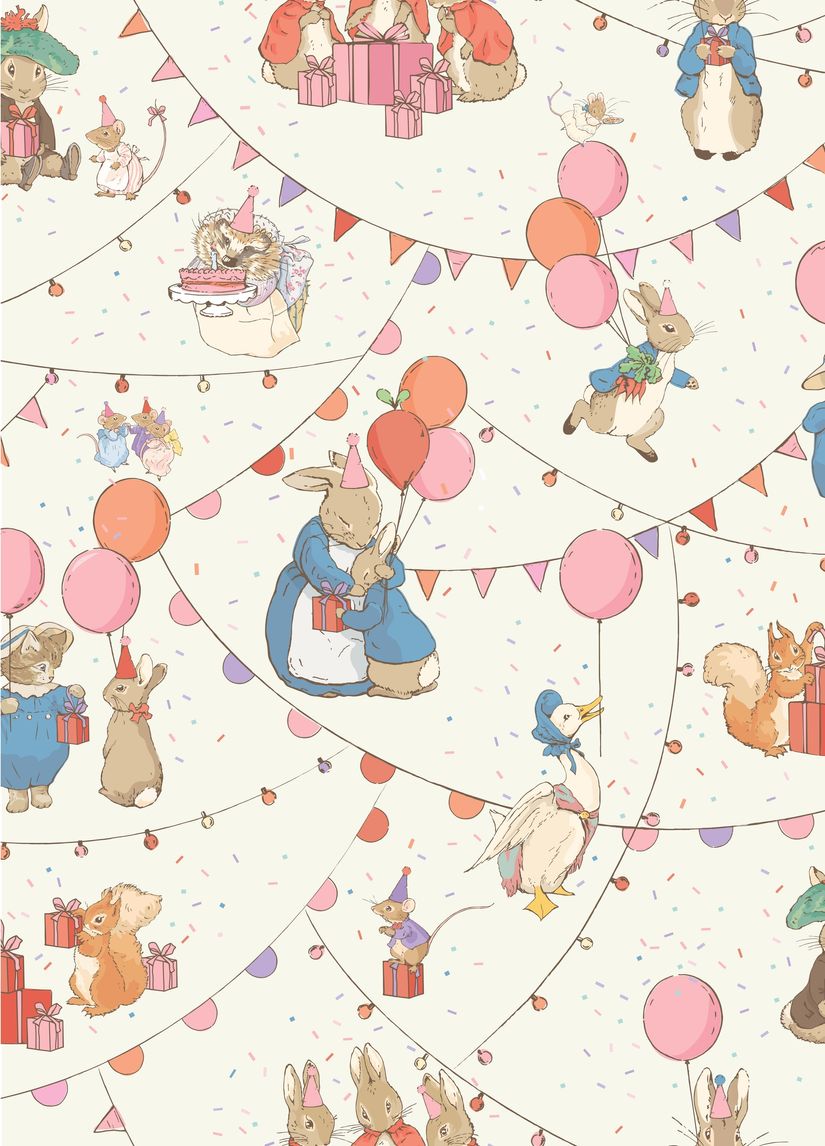 Beatrix-Potter-image-of-Peter-Rabbit-characters-celebrating-a-birthday-with-gifts-balloons-and-cake