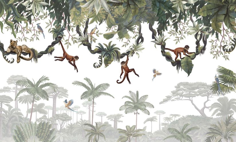Illustration of Cheeky Monkeys hanging from vines in the jungle