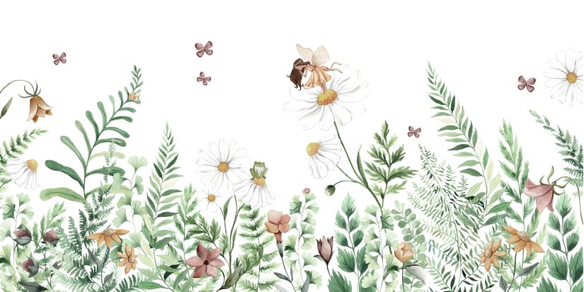Fairy stands on a daisy is a flower garden looking over butterflies and a frog