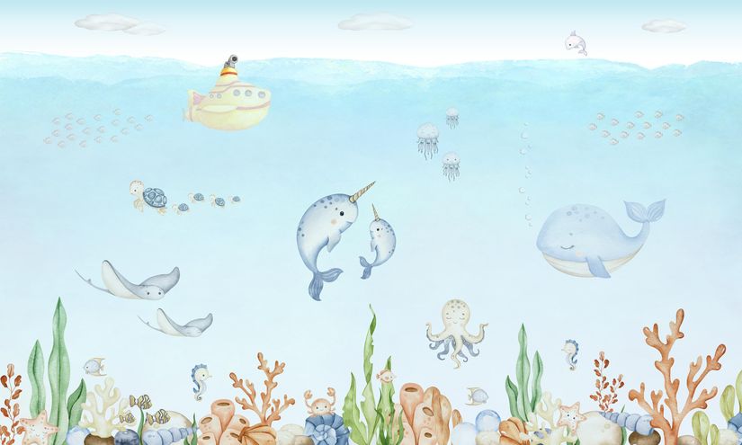 Illustration of underwater sea creatures featuring whales, turtles, dolphins and a submarine in this underwater wall mural