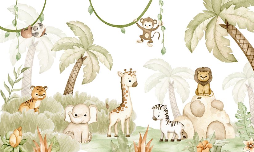 Illustration of a jungle and animals featuring a lion, elephant, giraffe, zebra, and a monkey hanging from a palm tree