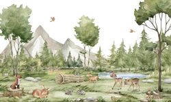 Illustration of a forest landscape with wildlife  like deer, rabbits, fox, and squirrel