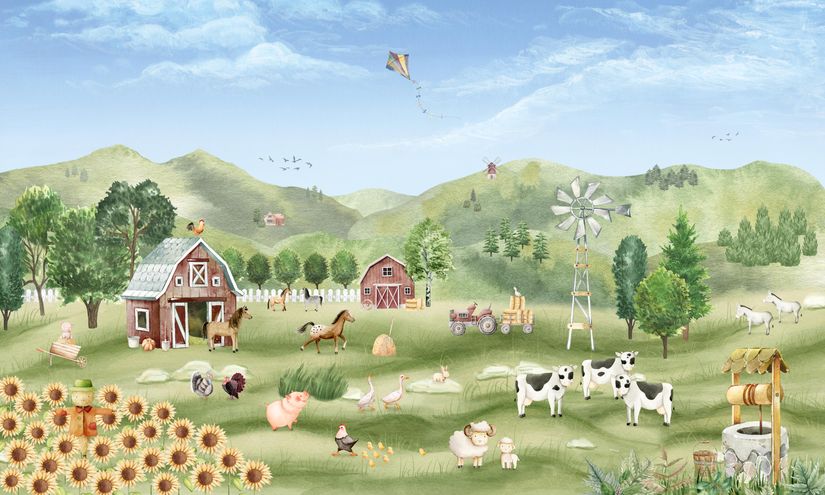 Illustration of a farm landscape with animals like cows, horses, pigs, sheep, chickens