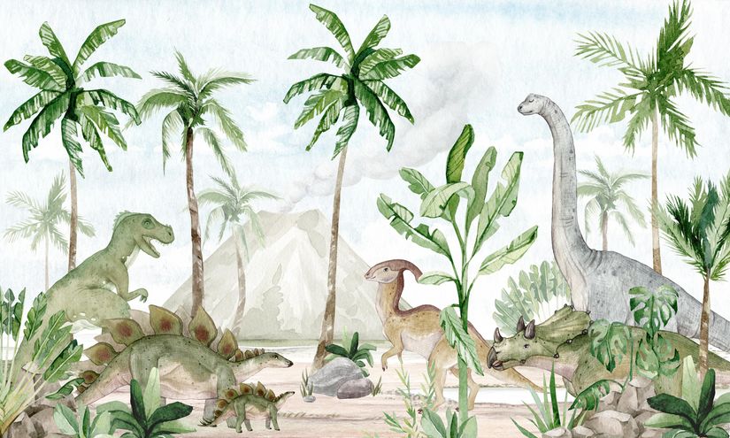 Illustration of a landscape with a group of dinosaurs