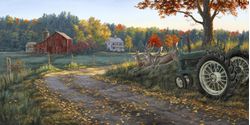 Depicting deer running across an autumn-themed landscape, framed by trees and a traditional farmhouse in the background