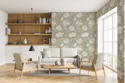 Furnished-modern-living-room-with-William-Morris-inspired-green-floral-wallpaper