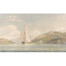 Boat Sailing to the Left with Mountains in the Background Wall Mural