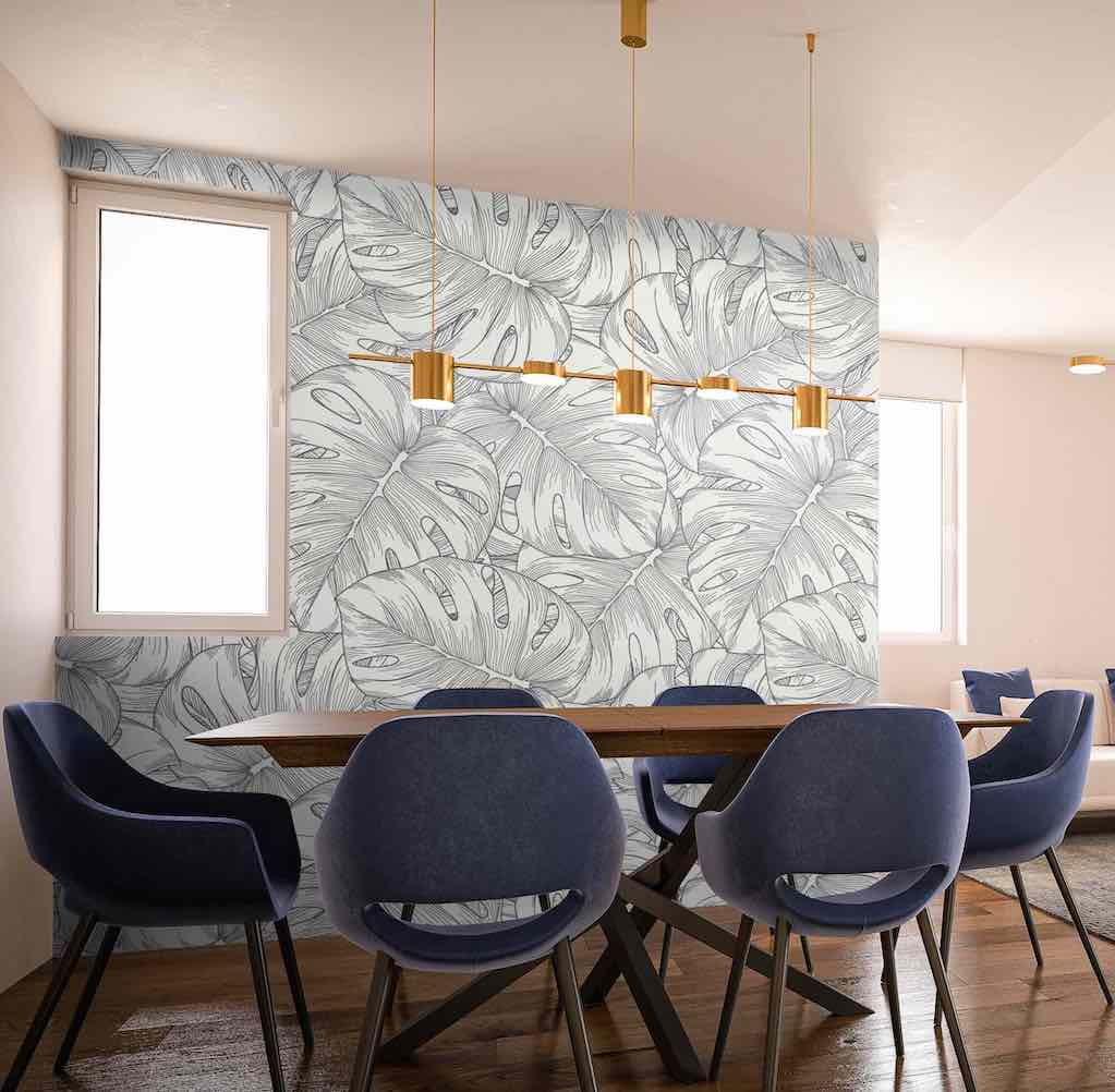 Black & White Monstera Leaf Pattern Wall Mura - Murals Your Way