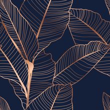 Copper Banana Tree Leaf Pattern On Navy Wallpaper