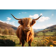 Highland Cow In Dandelion Filled Field Wall Mural