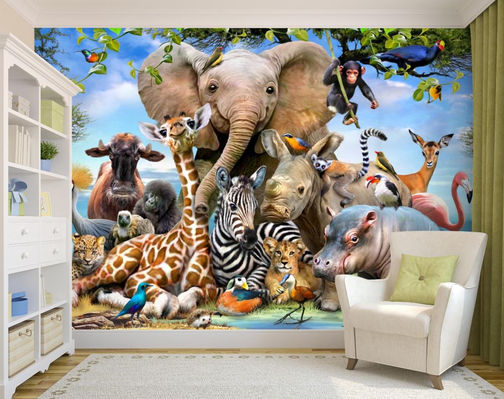 Smiling Baby Jungle Animals Wall Mural - Murals Your Way