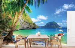 Tropical-Island-mural-of-boats-and-beach-in-a-dinning-room