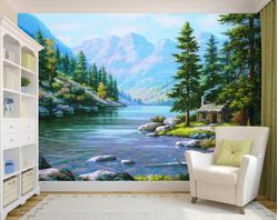 Log-cabin-along-mountain-river-mural-in-an-office
