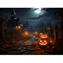 Halloween Scene With Pumpkins And Haunted House