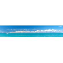 Panoramic View Of A Blue Seascape With Sailboat And Cloudy Sky Wall Mural
