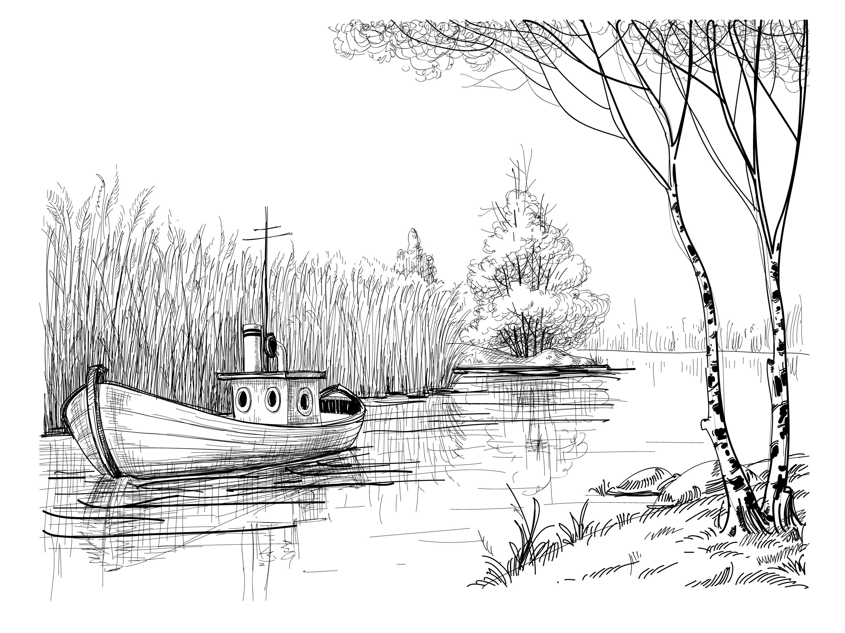 Hand-Drawn Sketch of a Boat on the River Wall Mural - Murals Your Way