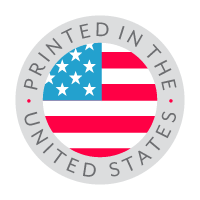 Circular logo with american flag and text stating printed in the usa