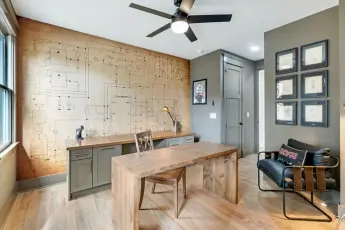 Antiqued looking architectural design used as a wall mural in a home office