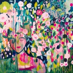 Colorful floral mural with a subtle hint of a woman in the flowers